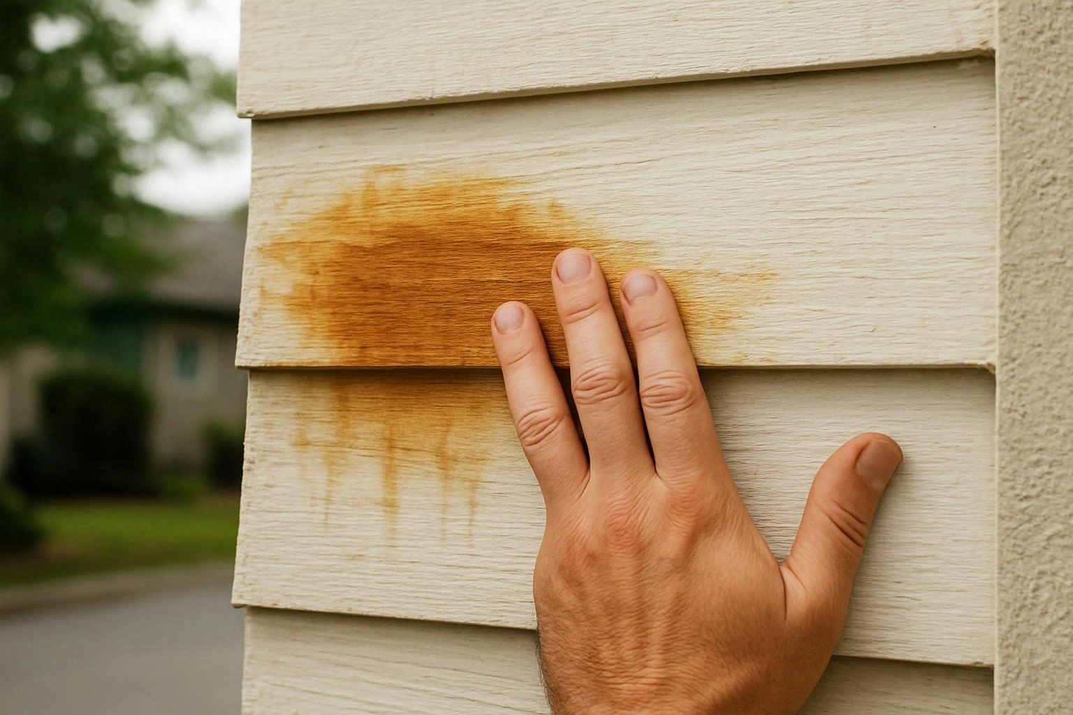A hand touches a stained white wooden house wall outdoors