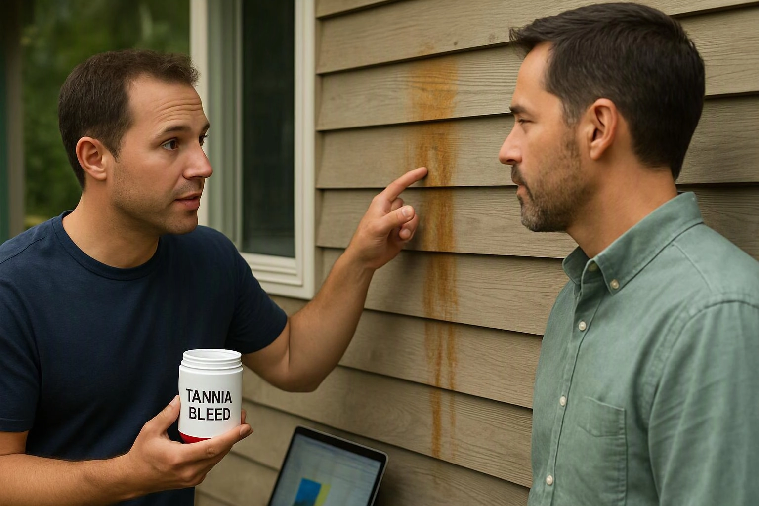 Two men stand by a house wall, one points at a rust stain while holding a jar labeled TANNIA BLEED