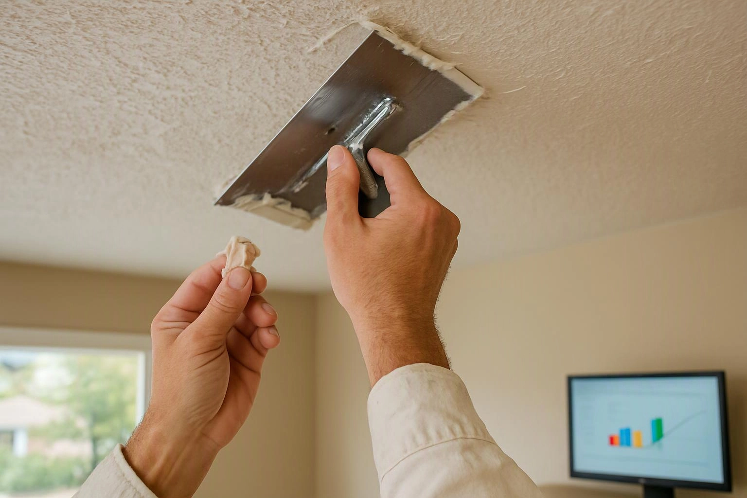 A person scrapes plaster from a ceiling patch with a putty knife while holding a small rag indoors