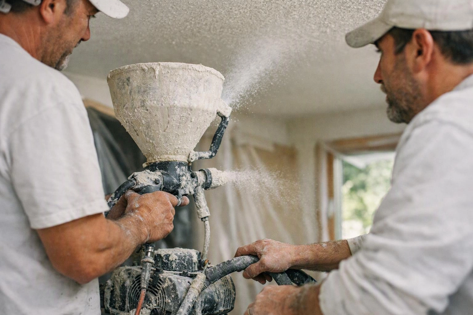 Two painters in white caps spray plaster through a hopper gun inside a room under renovation