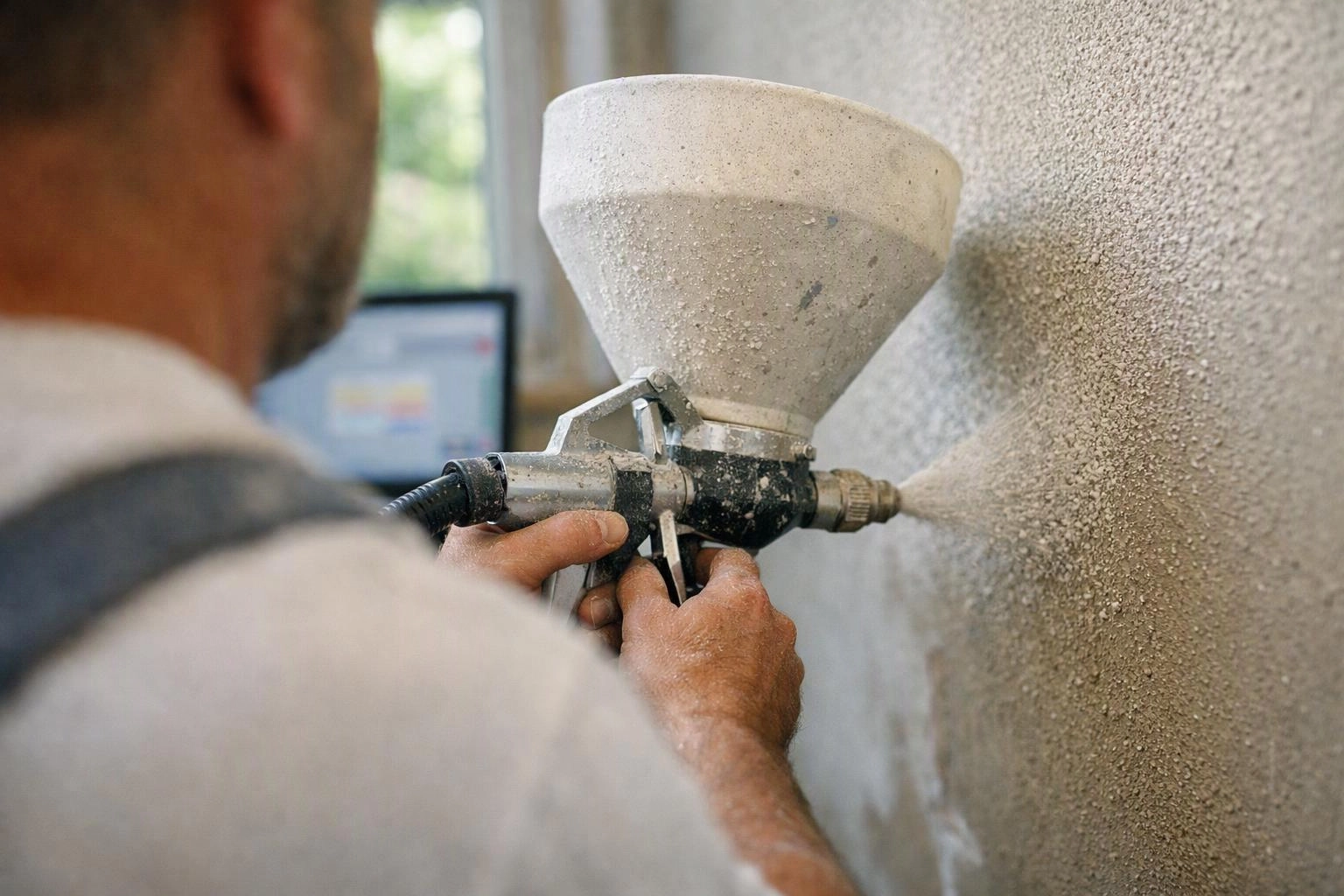 A worker sprays textured coating onto a wall with a hopper gun indoors