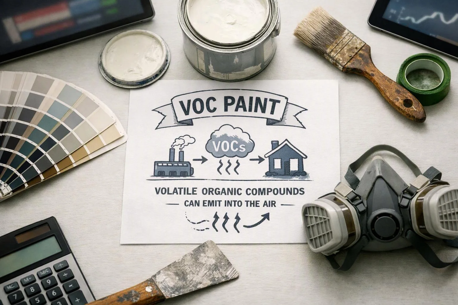 A tabletop display shows paint supplies, color swatches, a respirator, and a paper about VOC paint emissions