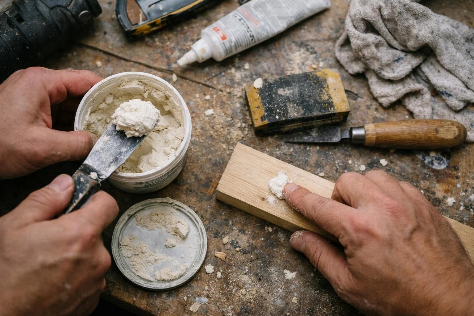 Hands apply wood filler to a small wooden block on a dusty workbench with tools nearby