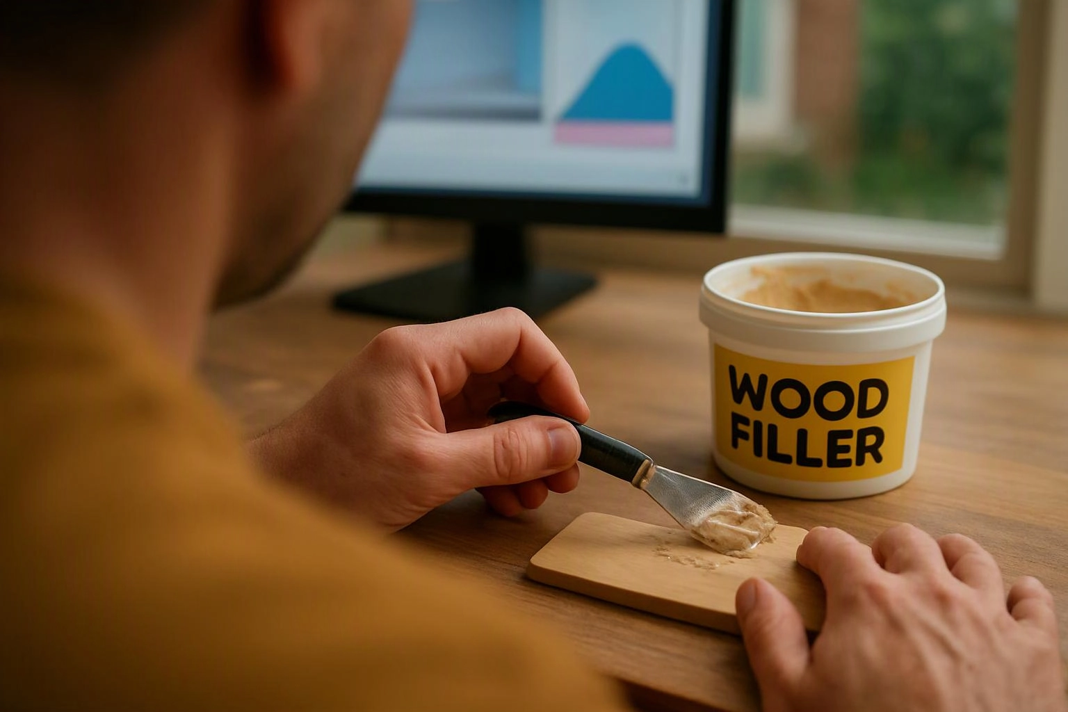 A person spreads wood filler on a small wooden piece at a desk with a computer monitor nearby