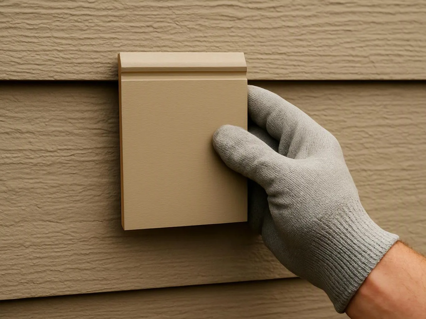 A gloved hand holds a beige rectangular panel against textured tan siding outdoors