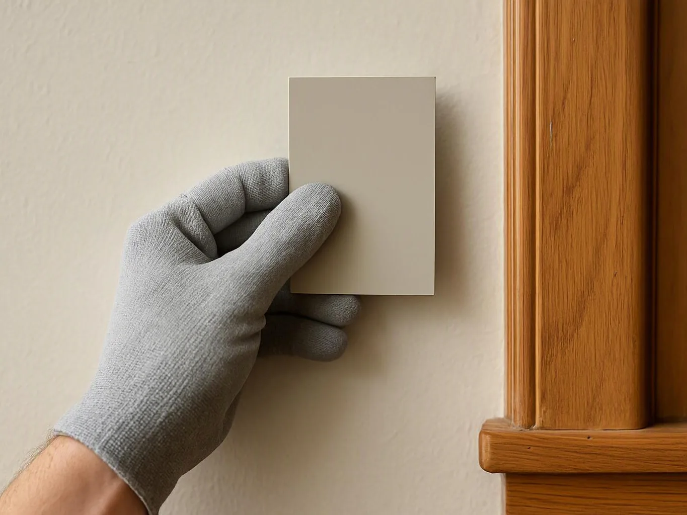 A gloved hand holds a blank paint sample card against a beige wall beside a wooden trim piece