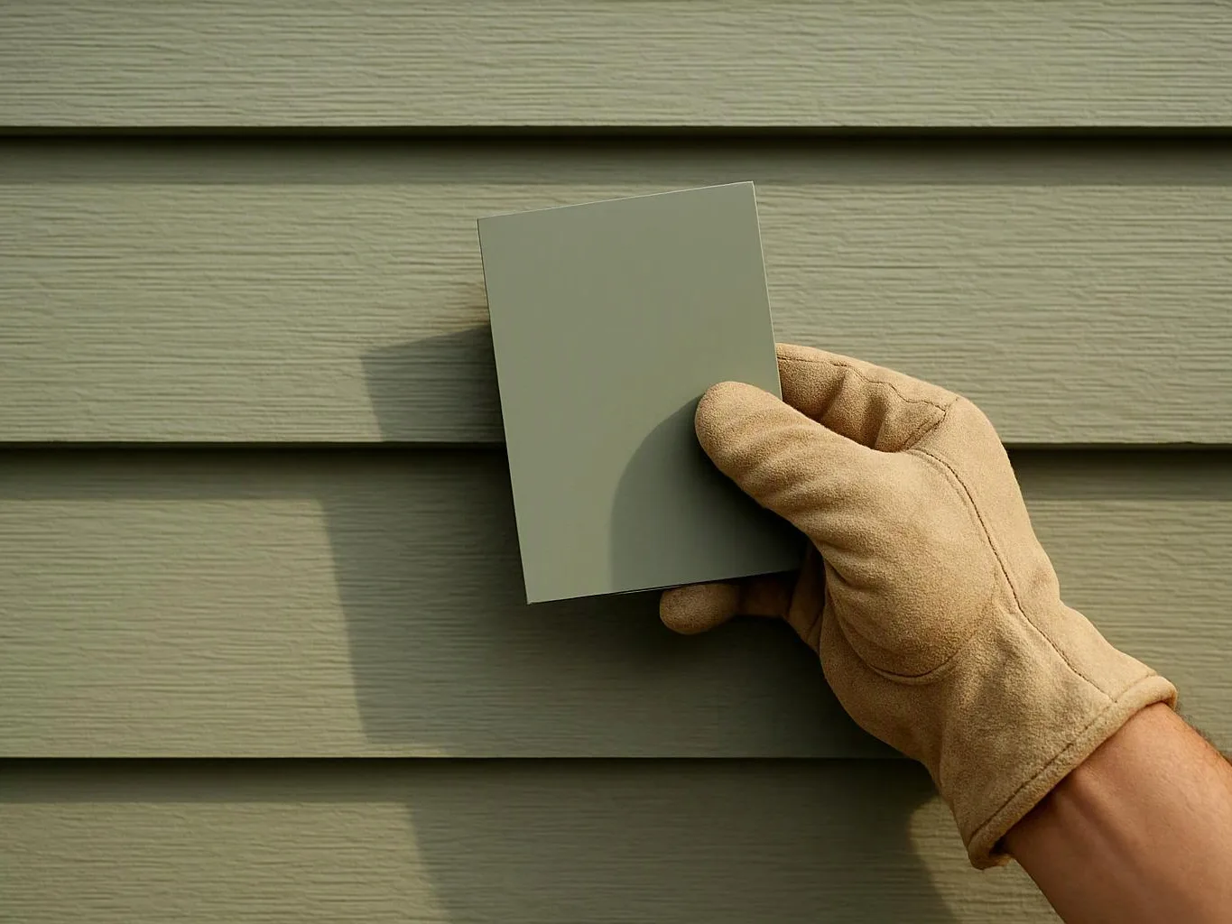 A gloved hand holds a color sample against green horizontal house siding