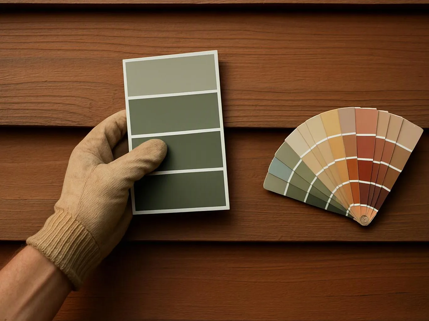 A gloved hand holds a gray paint sample card beside a fan of color swatches on wood siding