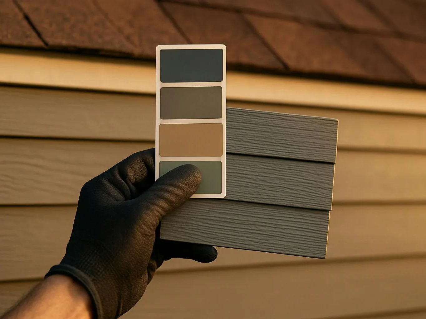 A gloved hand holds a gray siding sample beside a four-color paint swatch card outdoors