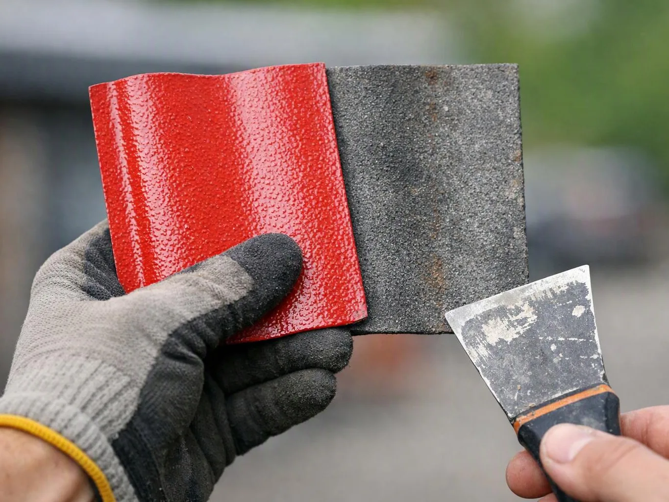 A gloved hand holds red and gray roofing samples while another hand points with a scraper tool