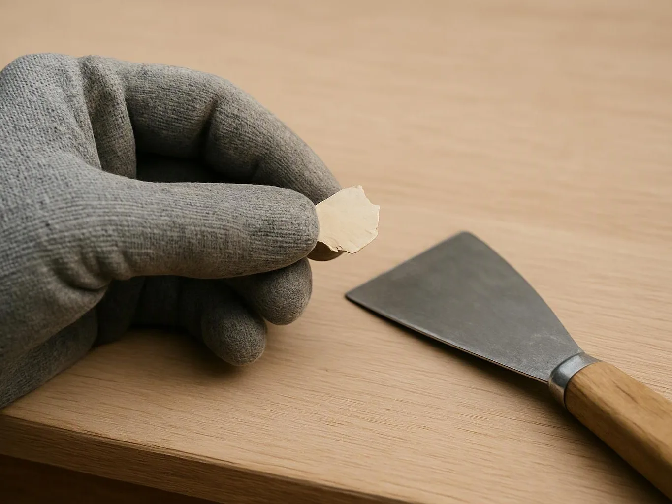 A gloved hand holds a small chip beside a metal scraper on a wooden table