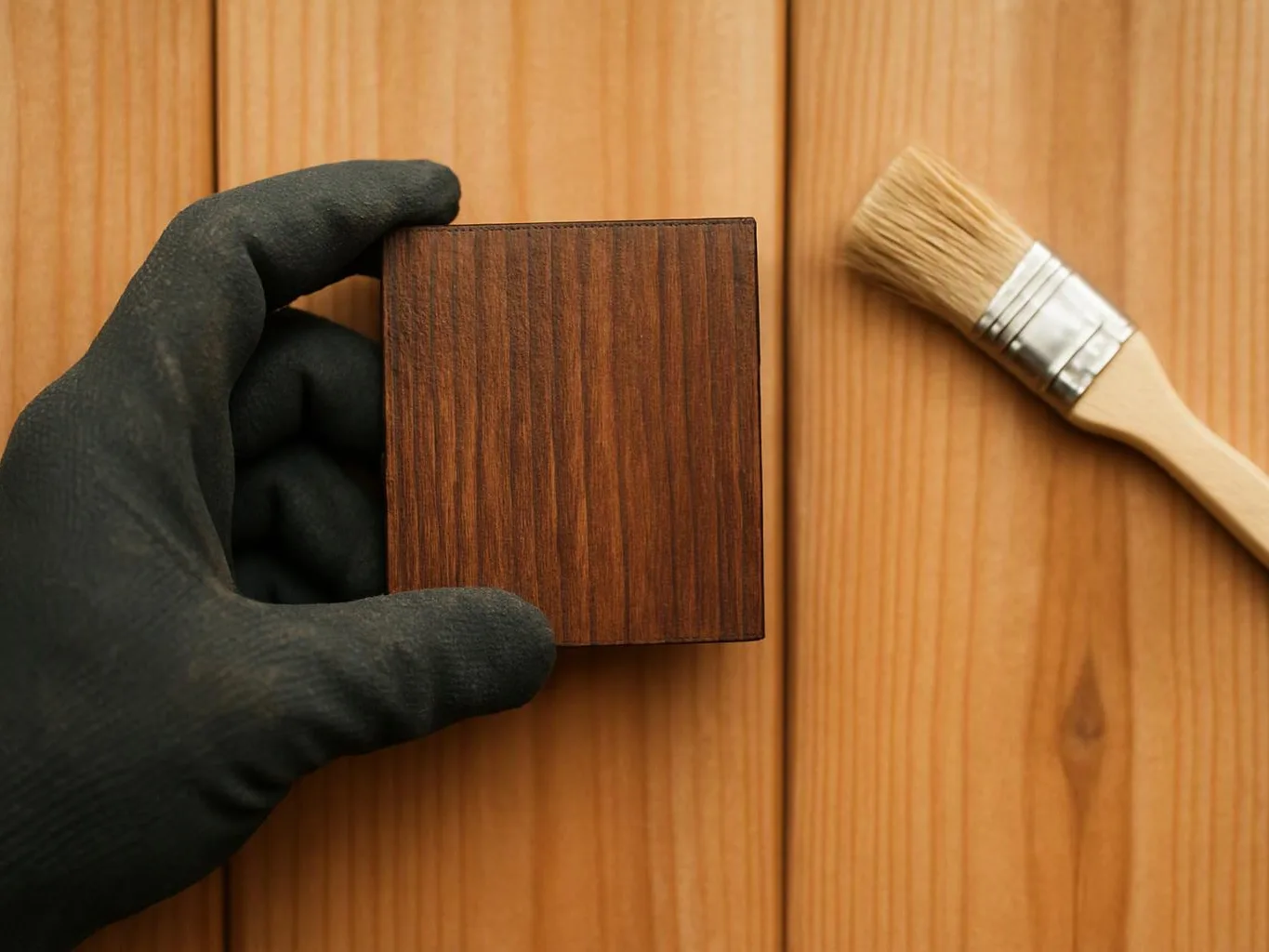 A gloved hand holds a small wooden sample beside a paintbrush on a wood plank surface