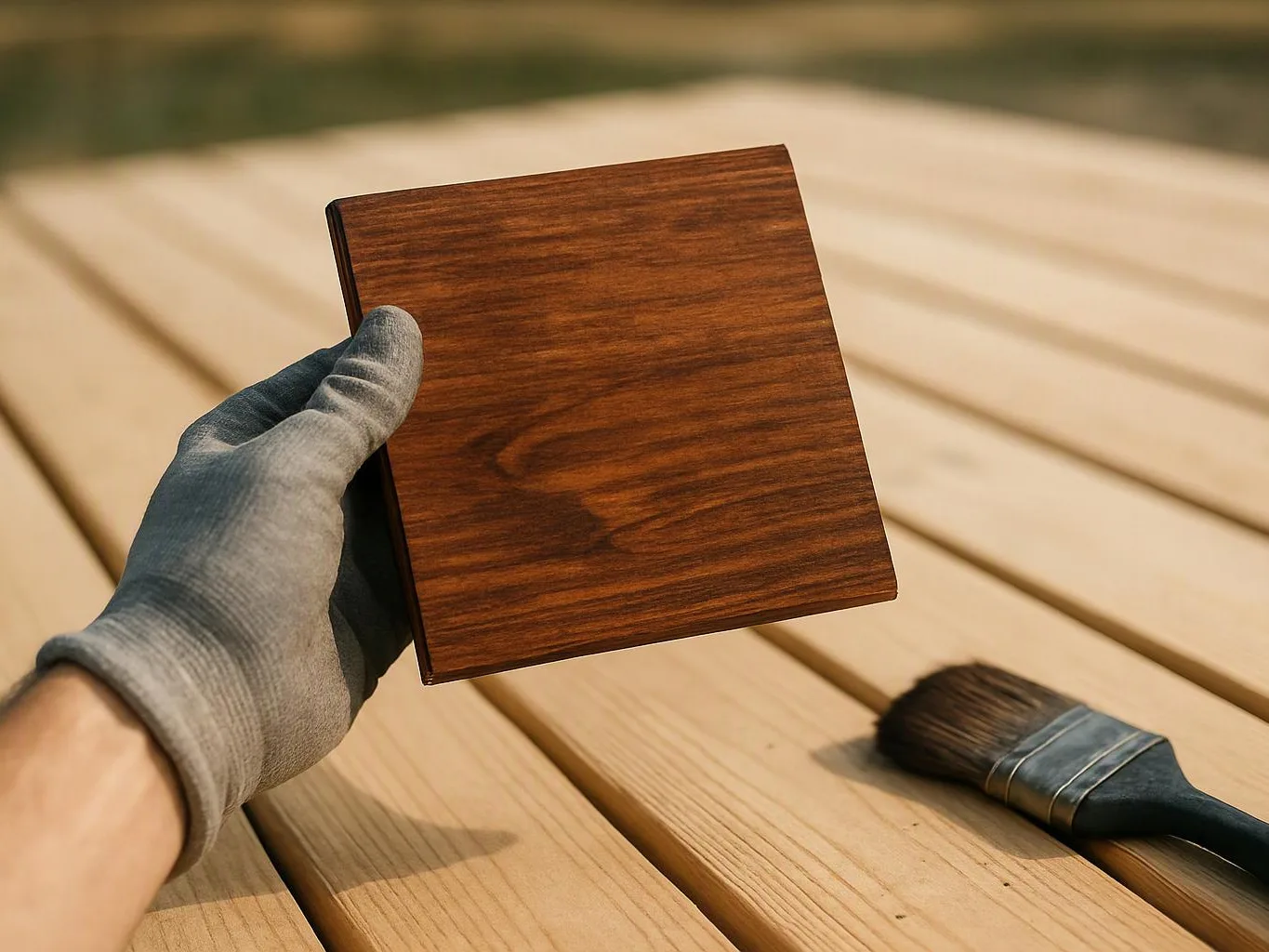 A gloved hand holds a square wood sample above a sunlit wooden deck, with a paintbrush beside it