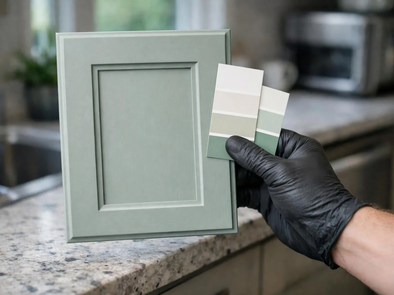 A gloved hand holds two paint swatches against a sage green cabinet door in a kitchen setting