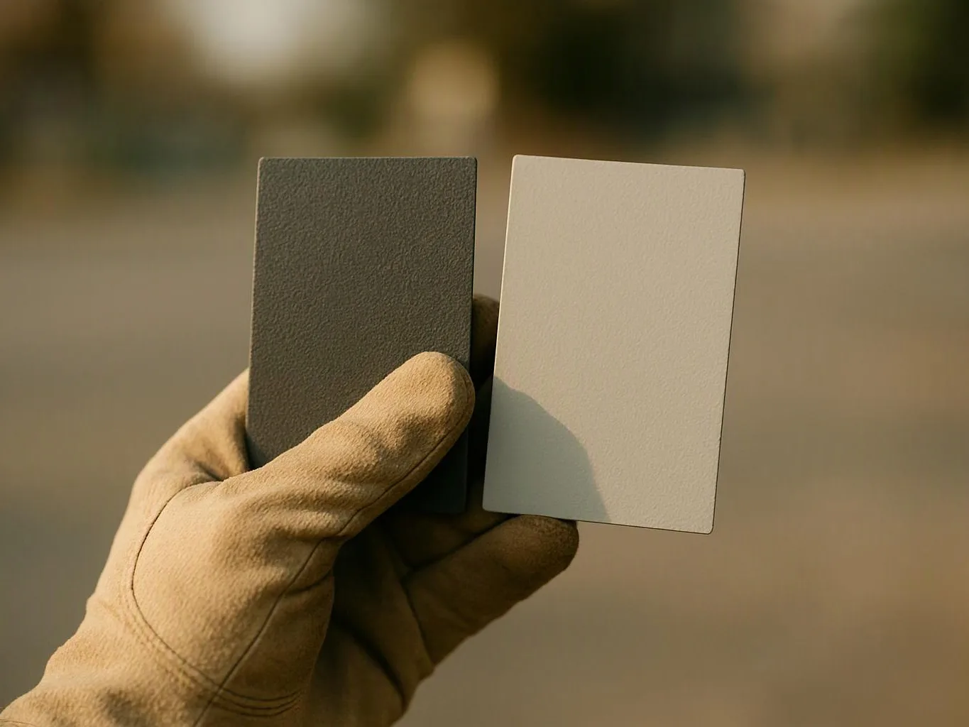 A gloved hand holds two rectangular color swatches, one dark gray and one light gray, against a blurred outdoor background