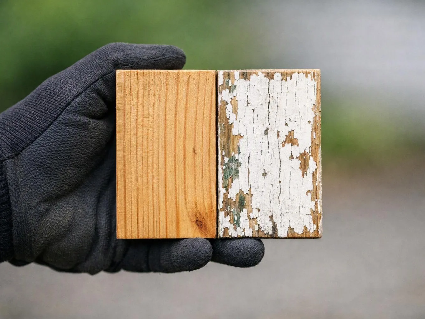 A gloved hand holds two wooden blocks, one smooth and one peeling white paint, against a blurred outdoor background