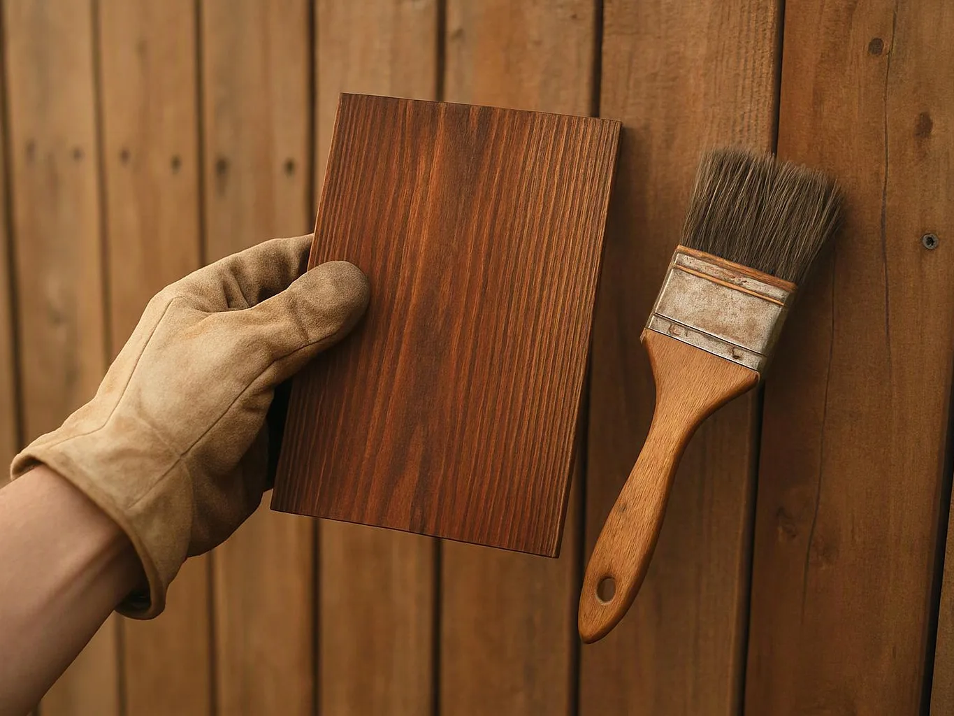 A gloved hand holds a wood stain sample beside a paintbrush against wooden planks