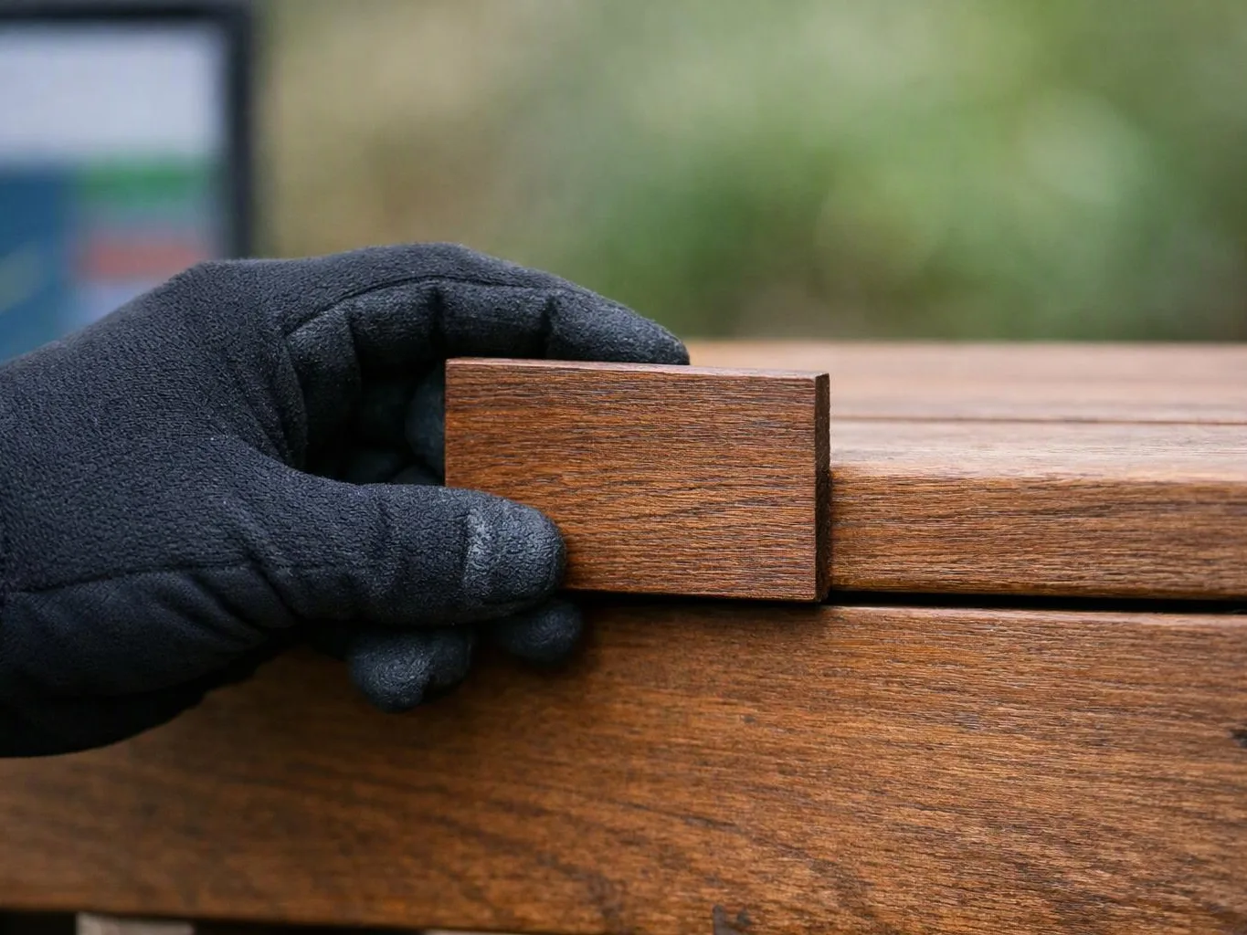 A gloved hand holds a wooden block beside a finished wood panel outdoors