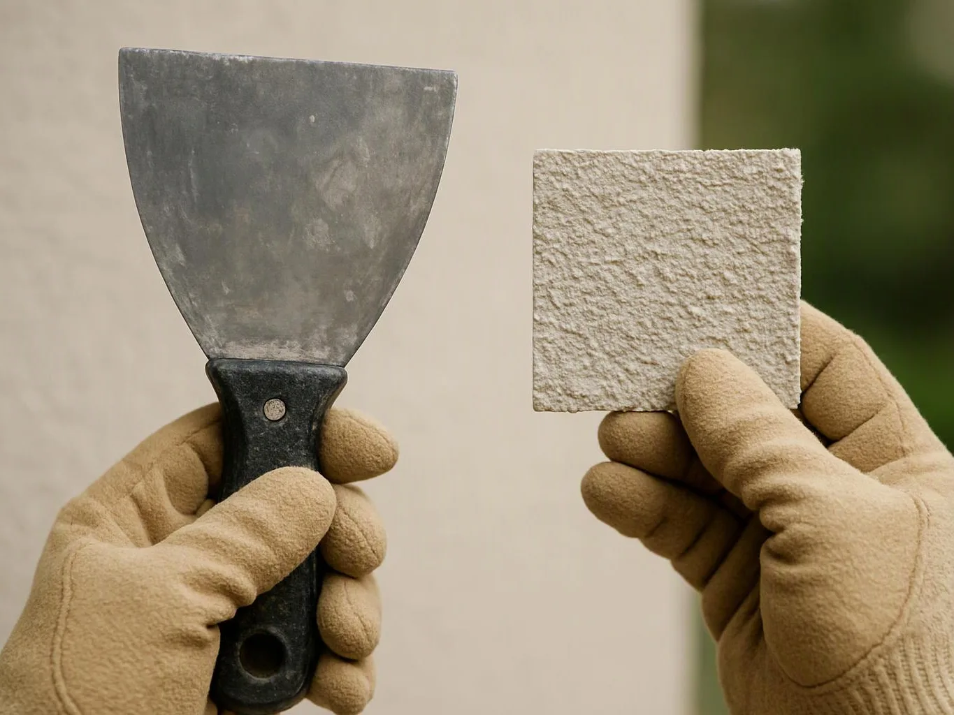 Gloved hands hold a metal putty knife and a textured square tile against a plain wall background
