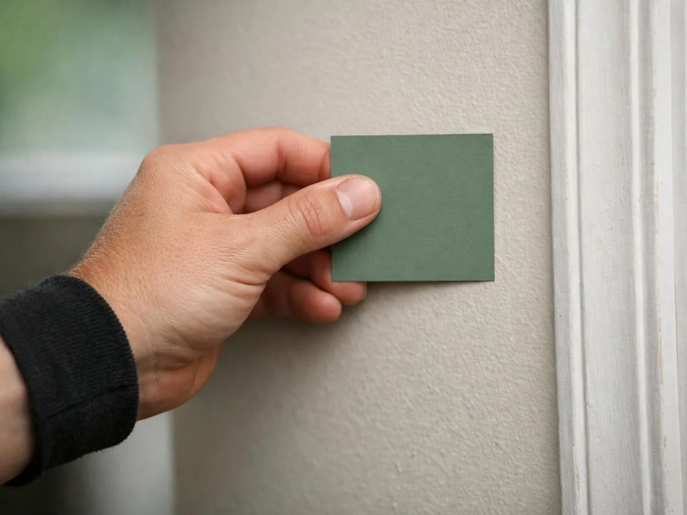 A hand holds a green paint swatch against a beige wall beside white trim