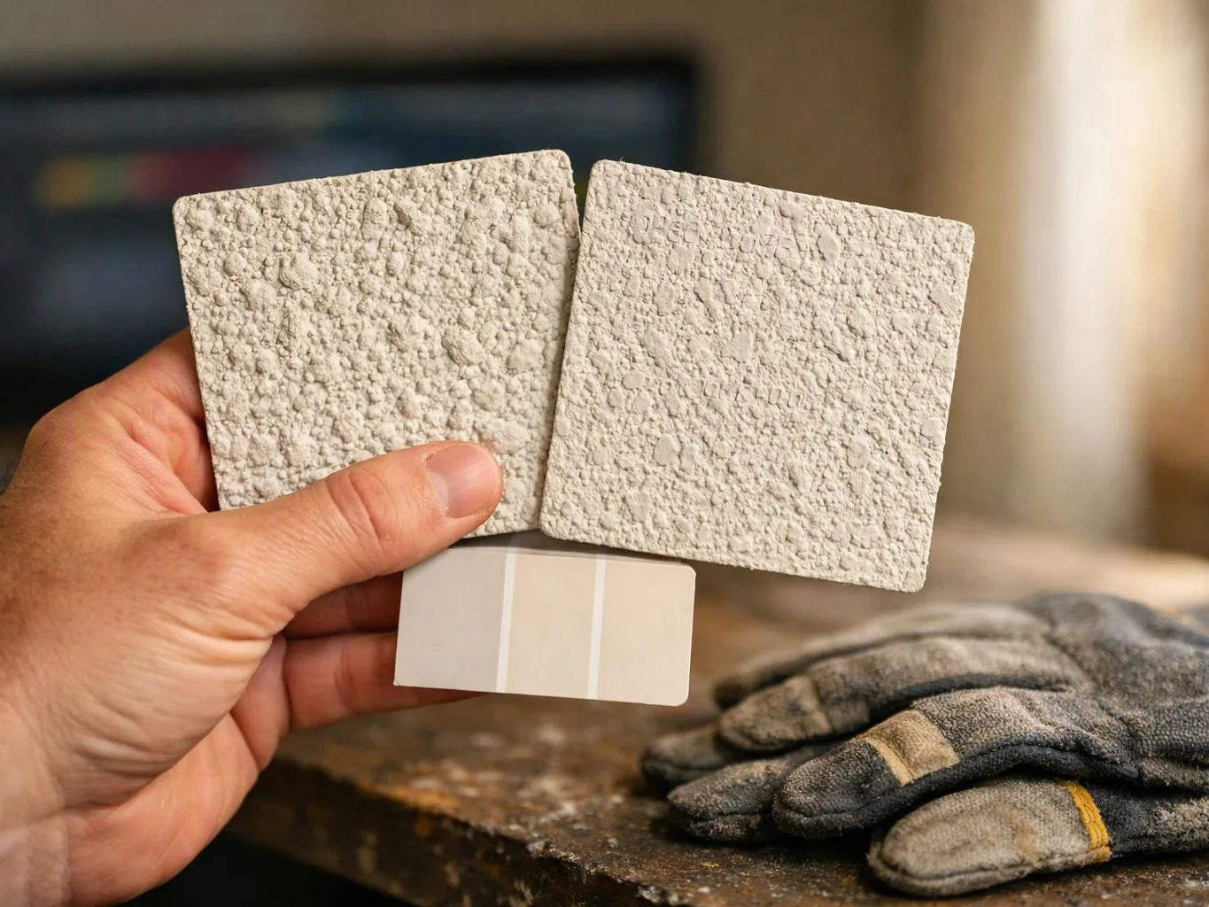 A hand holds two textured sample tiles above a small color swatch, with work gloves on a worn surface behind them