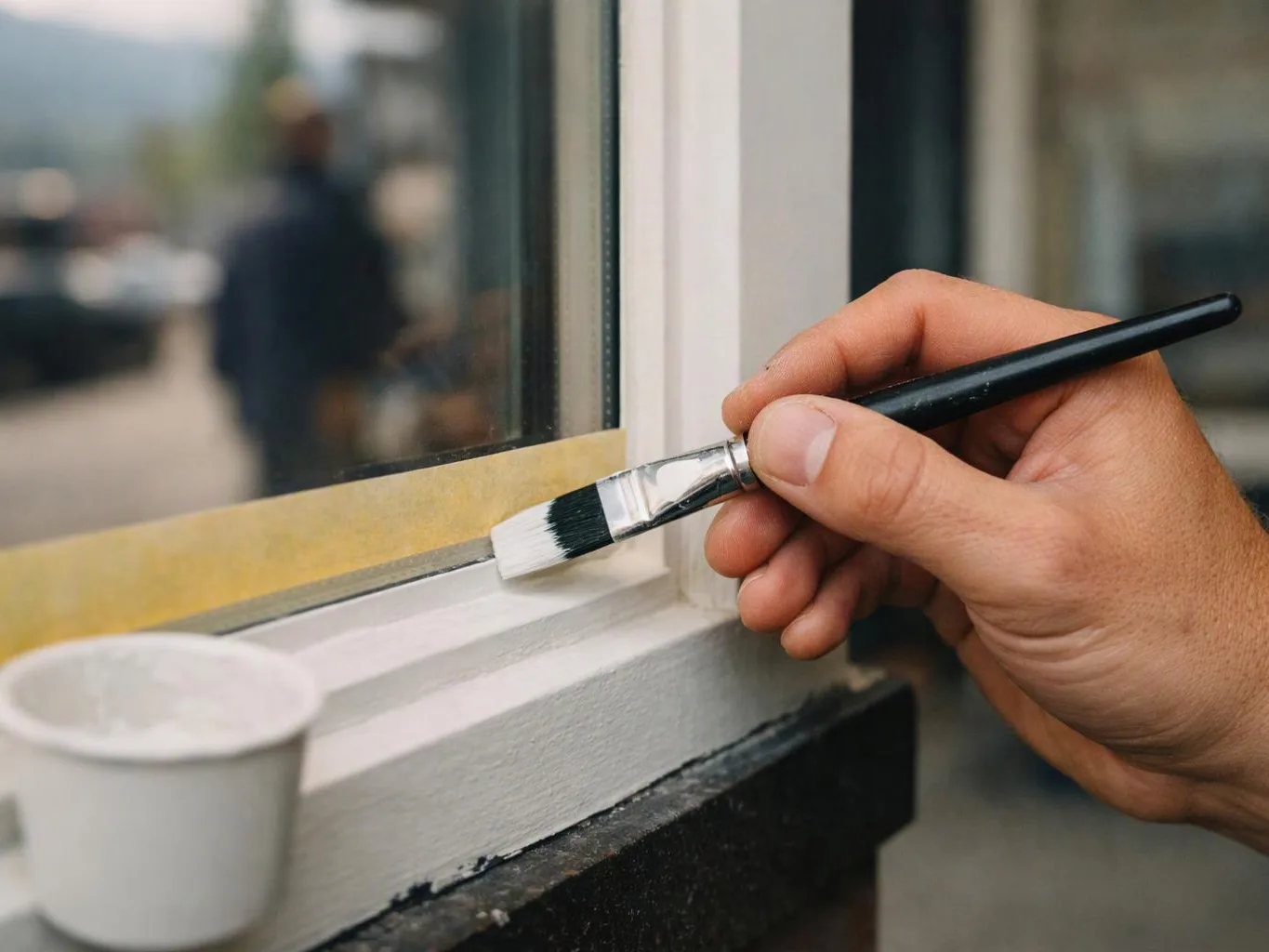 A hand paints white trim beside a window with masking tape and a cup on the sill