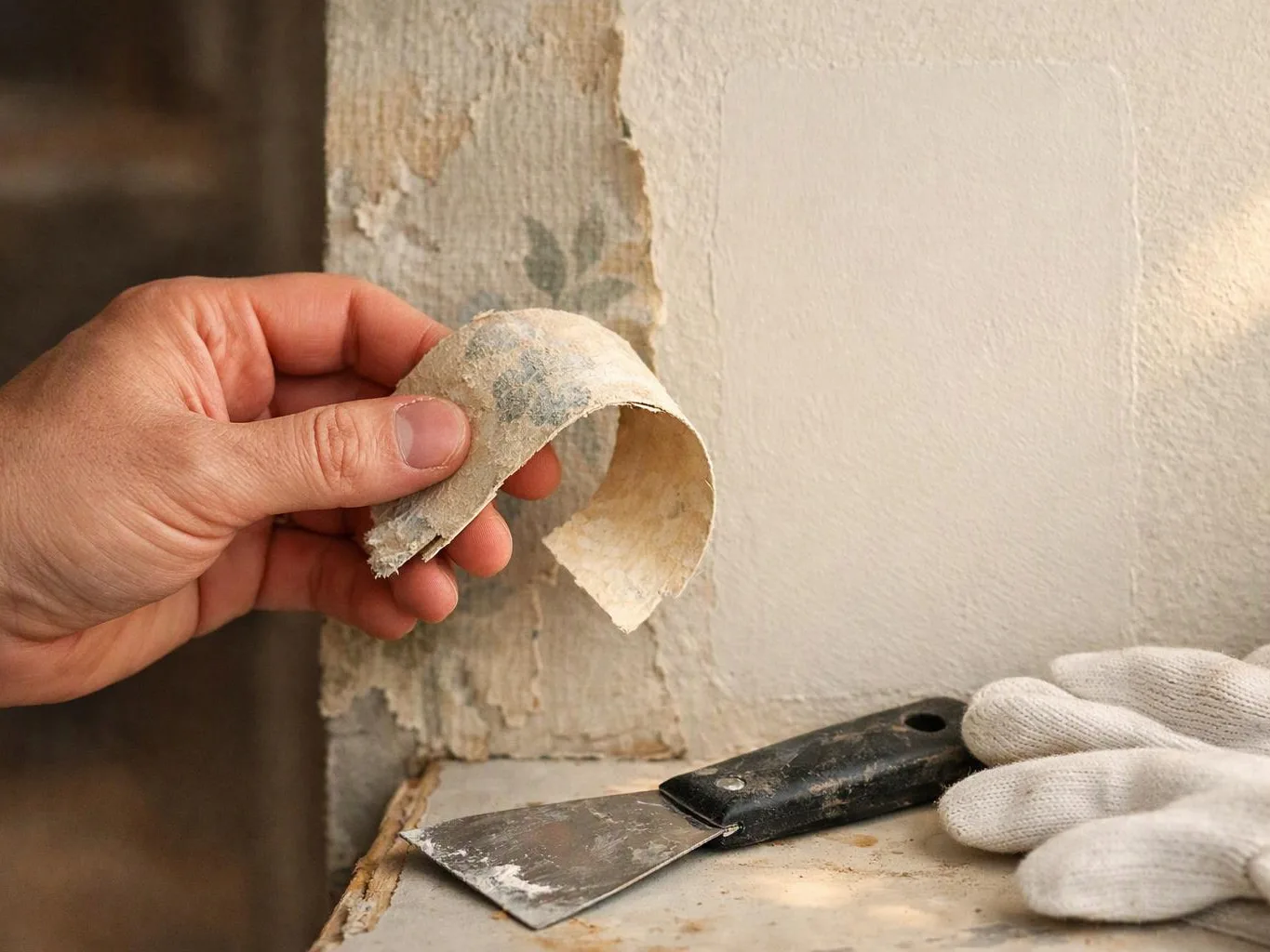 A hand peels loose wallpaper beside a wall, with a putty knife and white gloves on the ledge