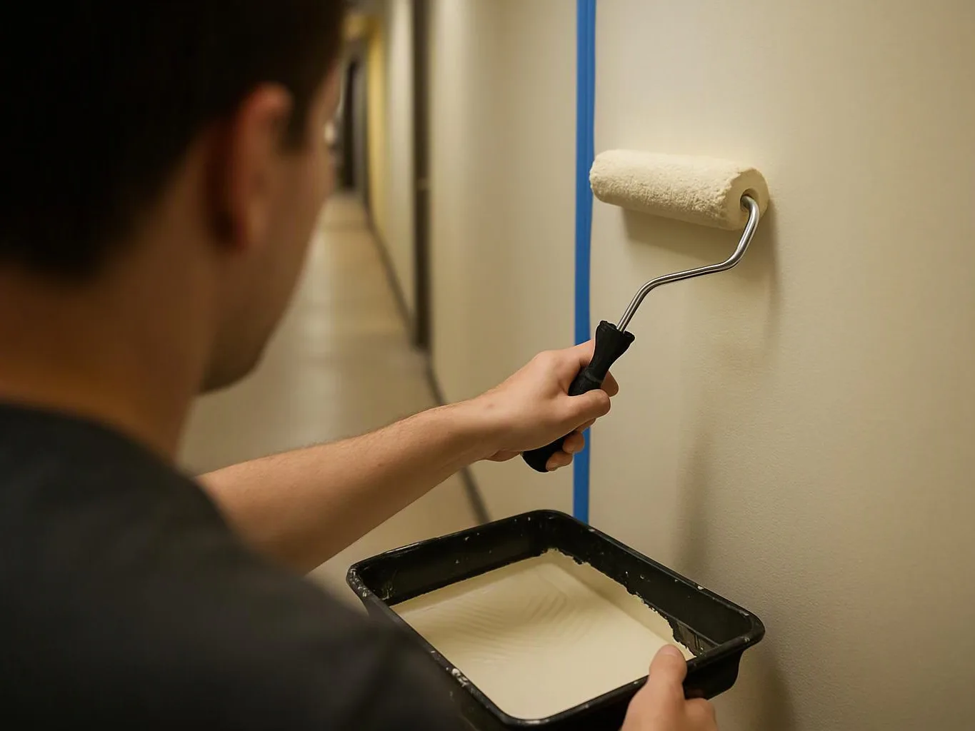 A person paints a beige wall with a roller while holding a tray in a hallway