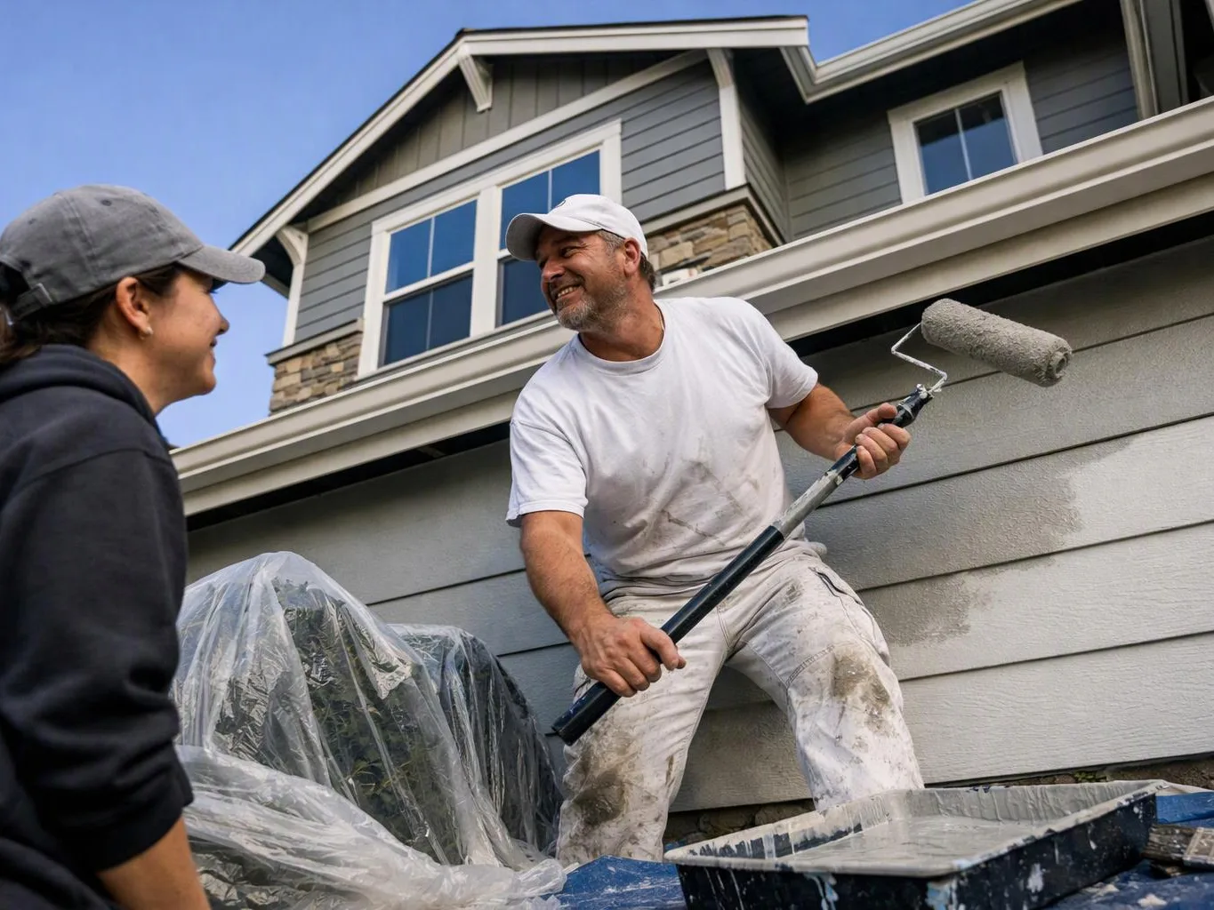 Two painters smile beside a house while one rolls fresh gray paint on the siding