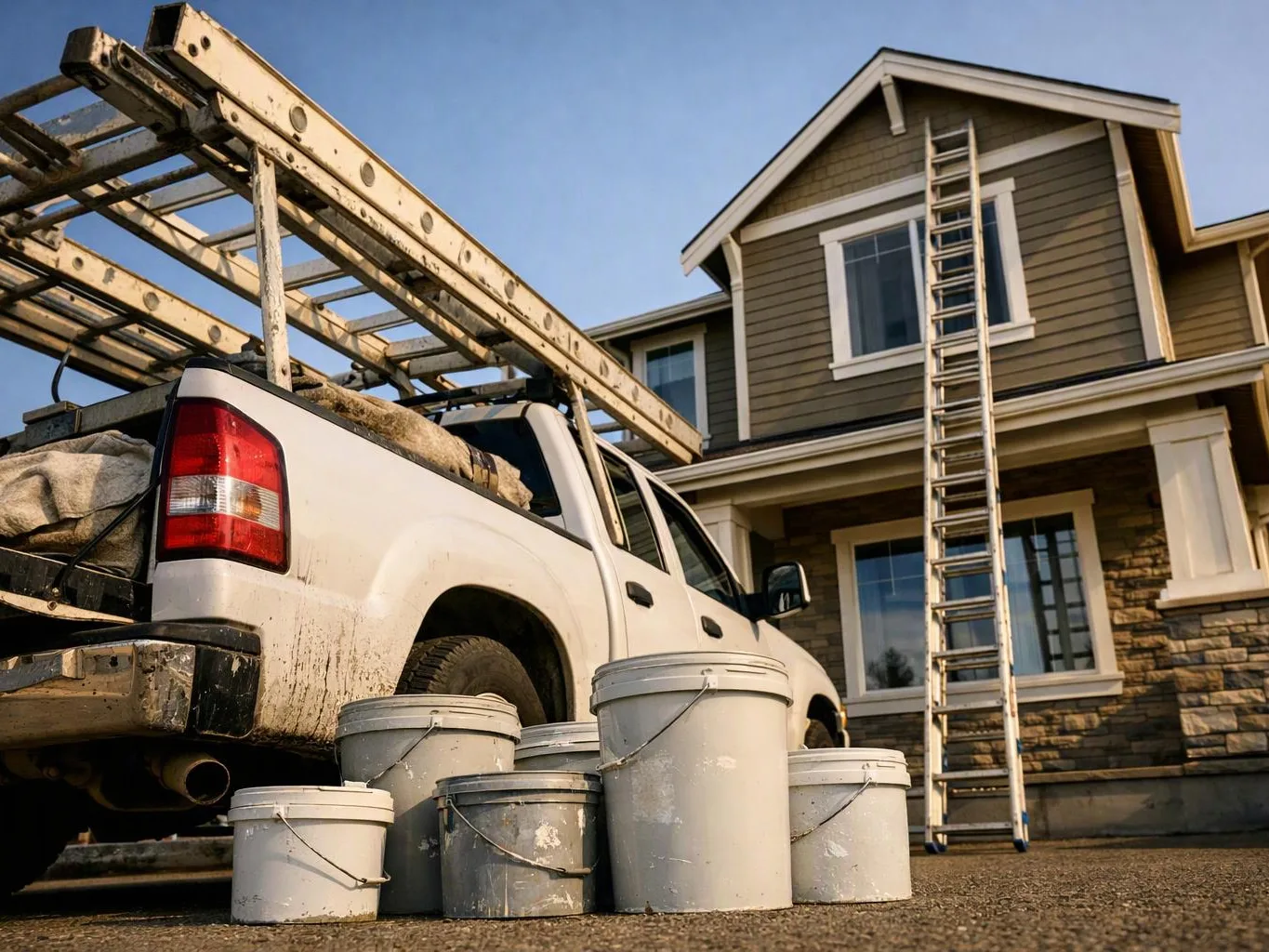 A white work truck with ladders sits beside a house, with paint buckets on the driveway and a ladder against the upper window