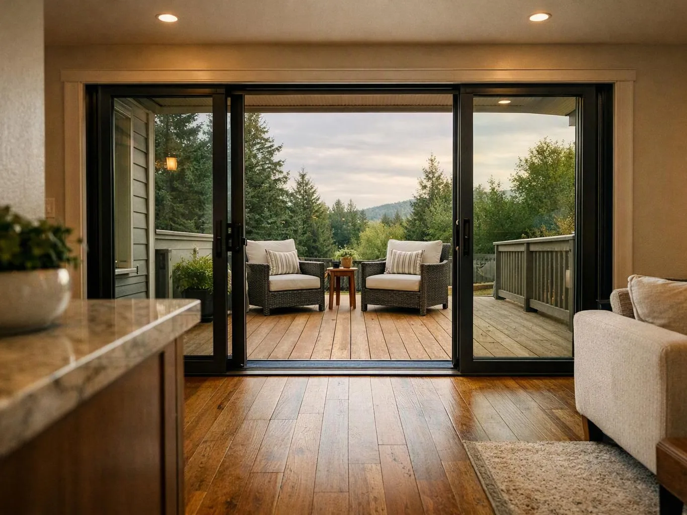 A living room opens to a wooden deck with two cushioned chairs, a small table, and a forest view