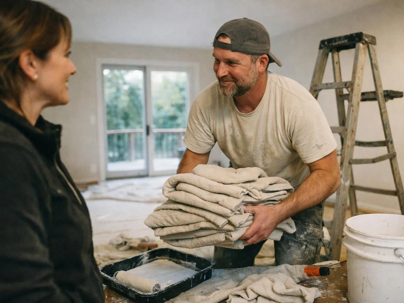 A man in a backward cap carries folded towels in a room under renovation while a woman watches nearby