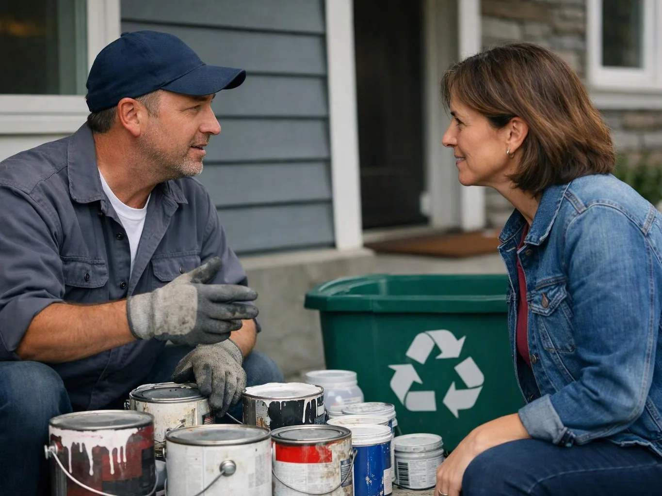 A man in a cap and gloves talks with a woman beside paint cans and a green recycling bin on a porch
