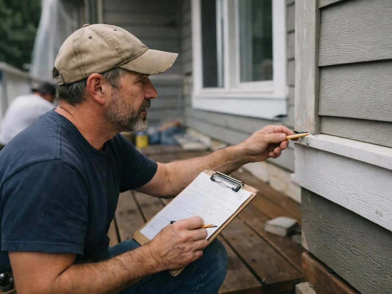 A man in a cap kneels on a wooden porch, inspecting house siding with a pencil and clipboard