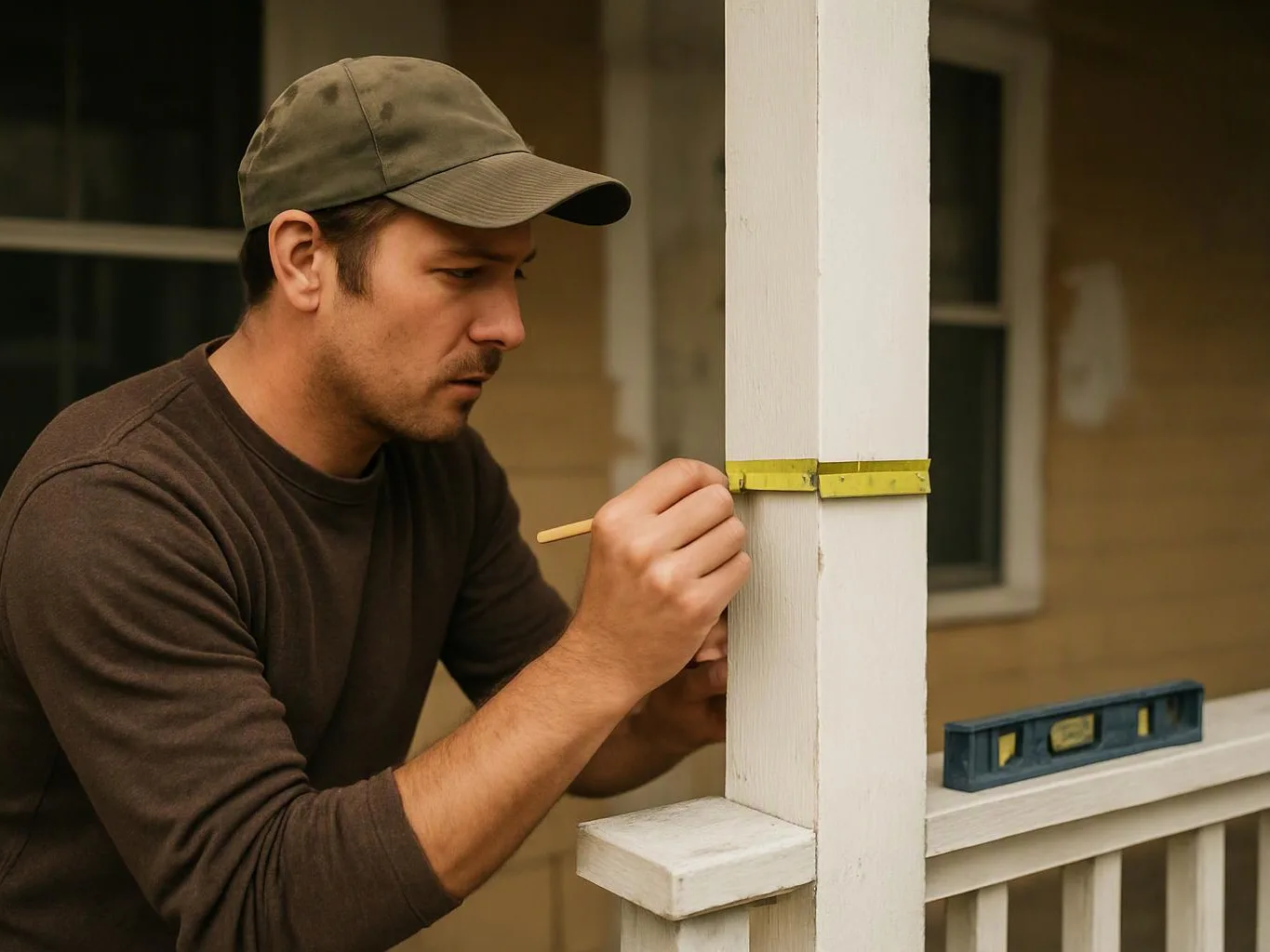 A man in a cap measures a porch post with a yellow tape while holding a pencil beside a level
