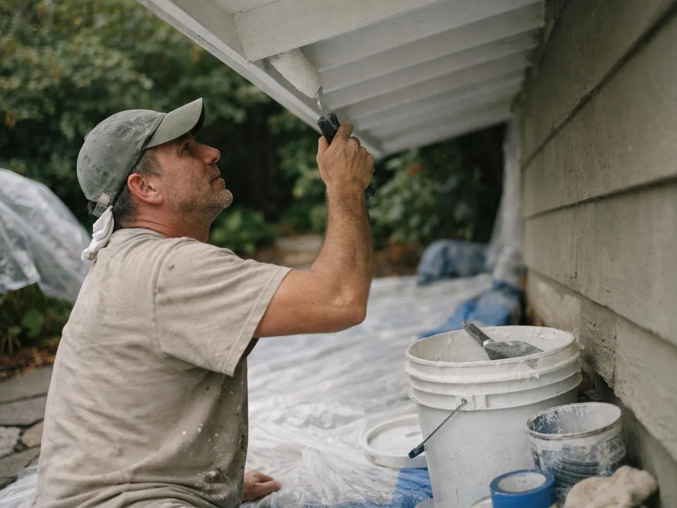 A man in a cap paints the underside of a roof beside buckets and drop cloths outdoors