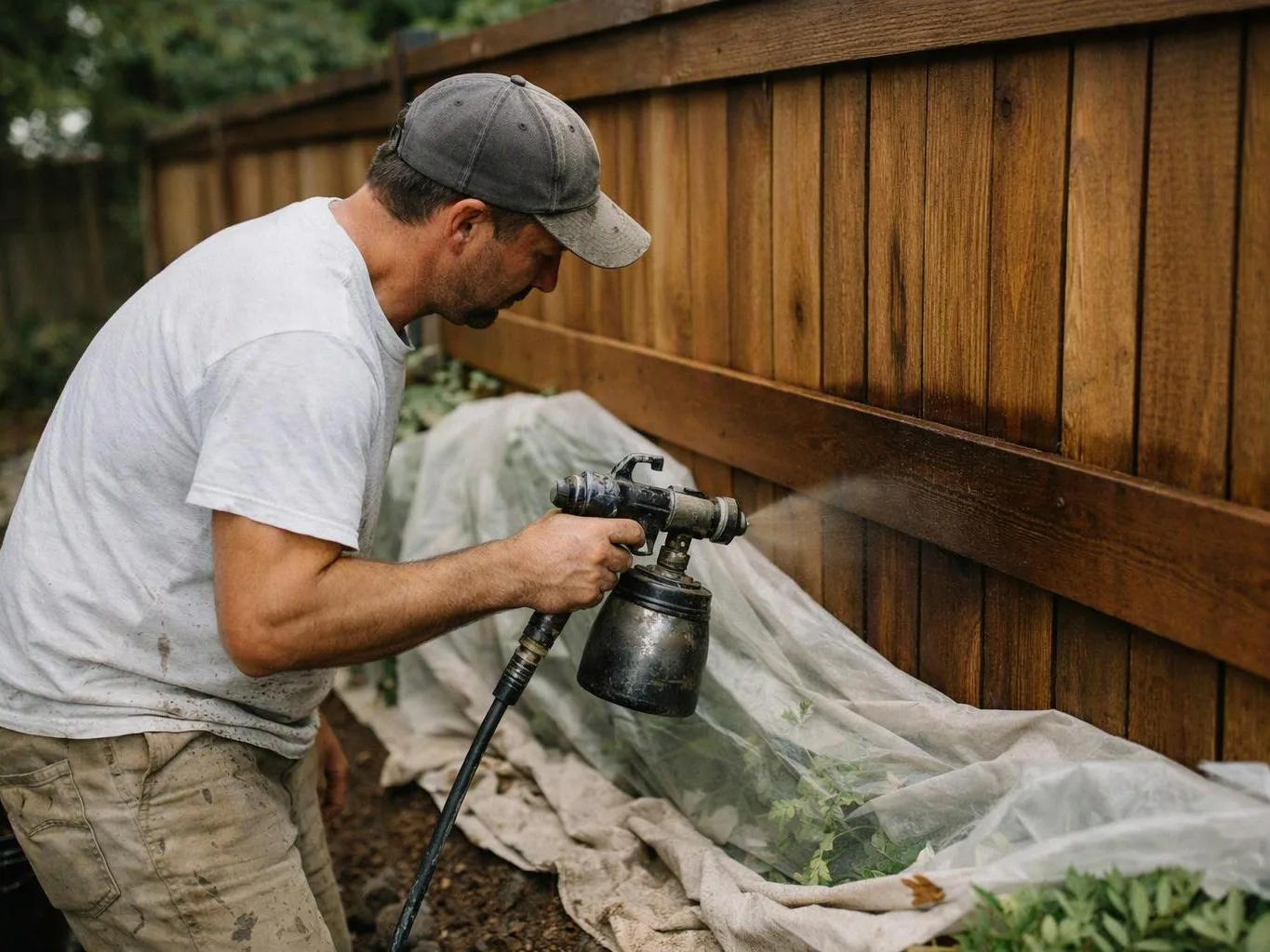 A man in a cap sprays stain on a wooden fence outdoors
