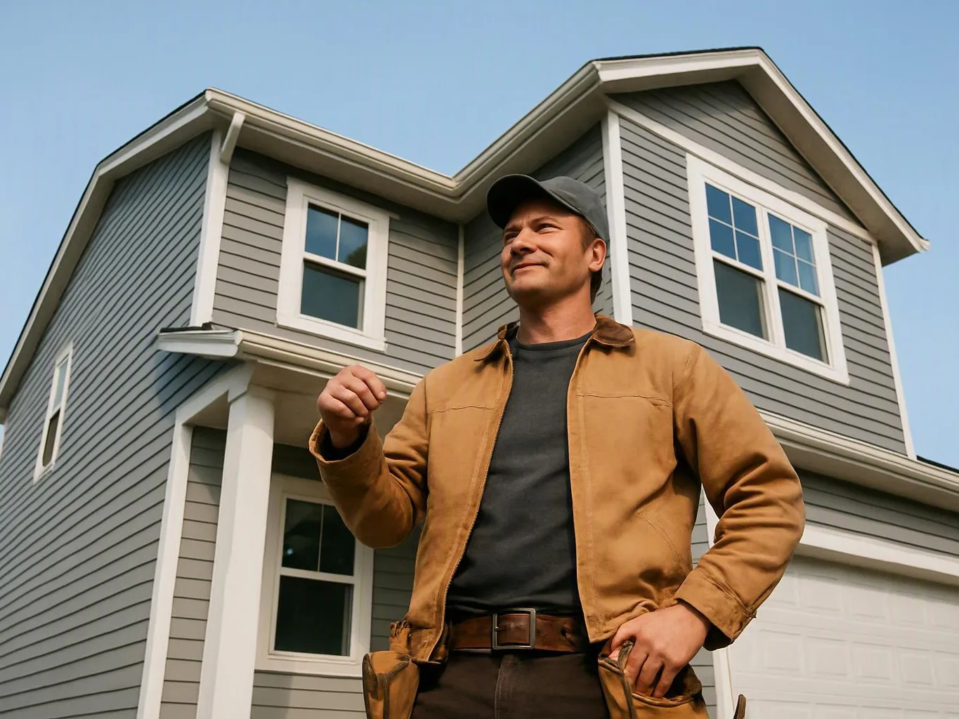 A man in a cap stands in front of a gray house and garage under a clear blue sky