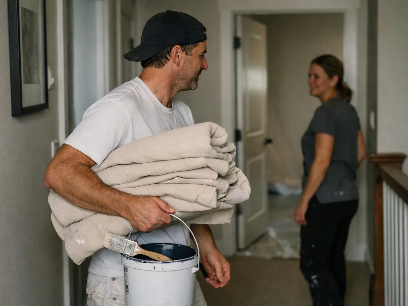 A man carries rolled blankets and a paint bucket in a hallway while a woman stands near an open door