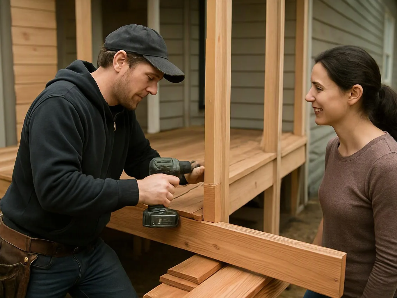 A man drills a wooden porch frame while a smiling woman watches beside him