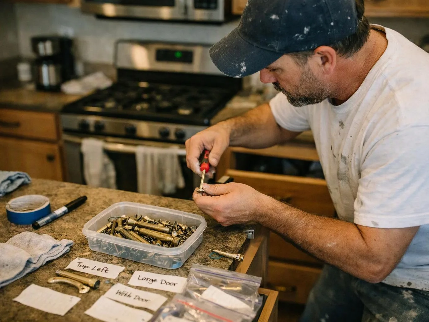 A man in a dusty cap works at a kitchen counter, sorting metal hardware with a screwdriver