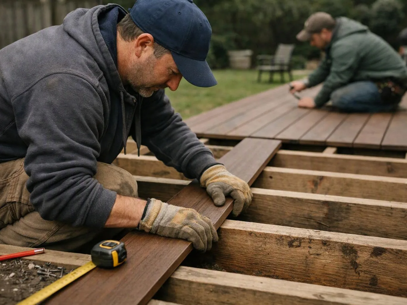 A man in gloves lays a deck board on wooden framing while another worker kneels in the background