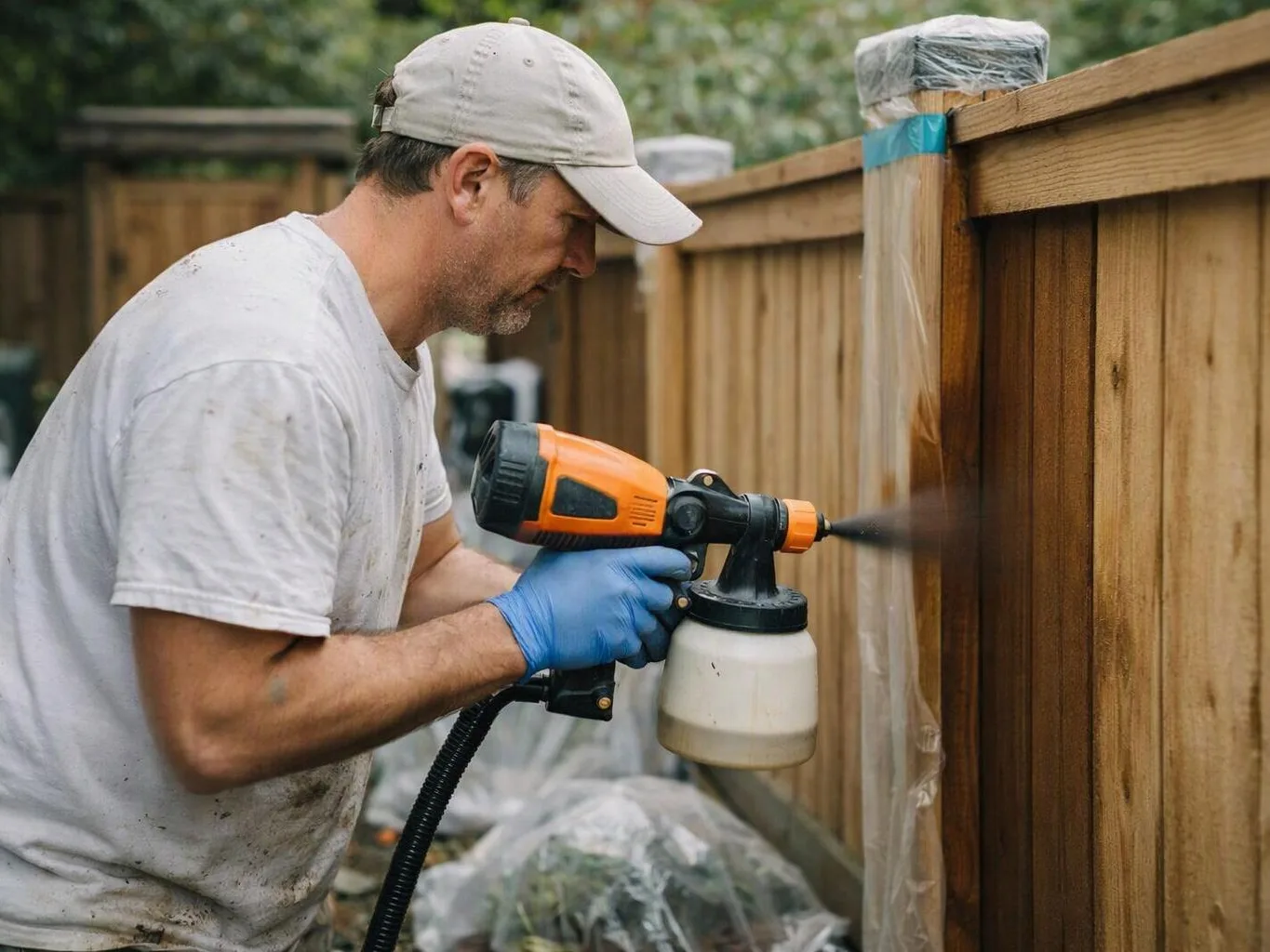 A man in gloves sprays stain onto a wooden fence with a paint sprayer in a yard