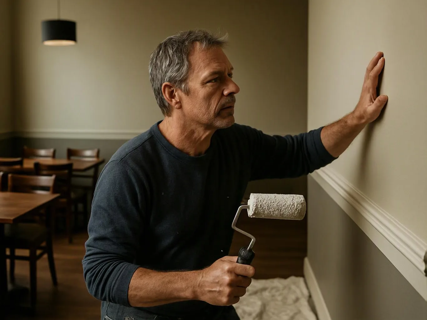 A man holds a paint roller and checks a beige wall in a room with tables and chairs