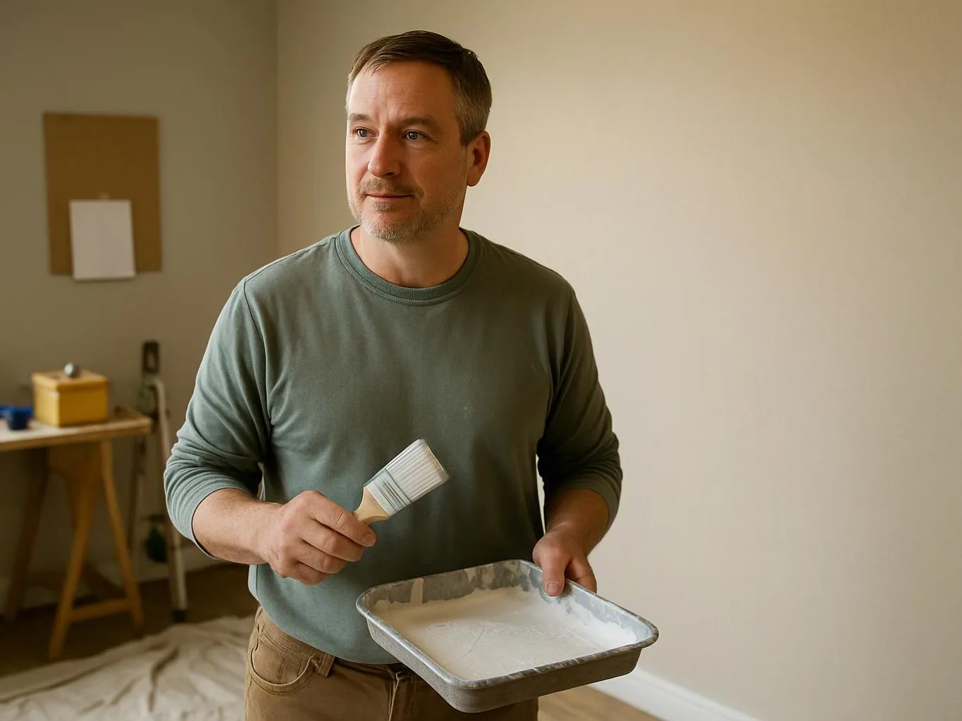 A man holds a paint tray and brush in a room with bare walls and a work table