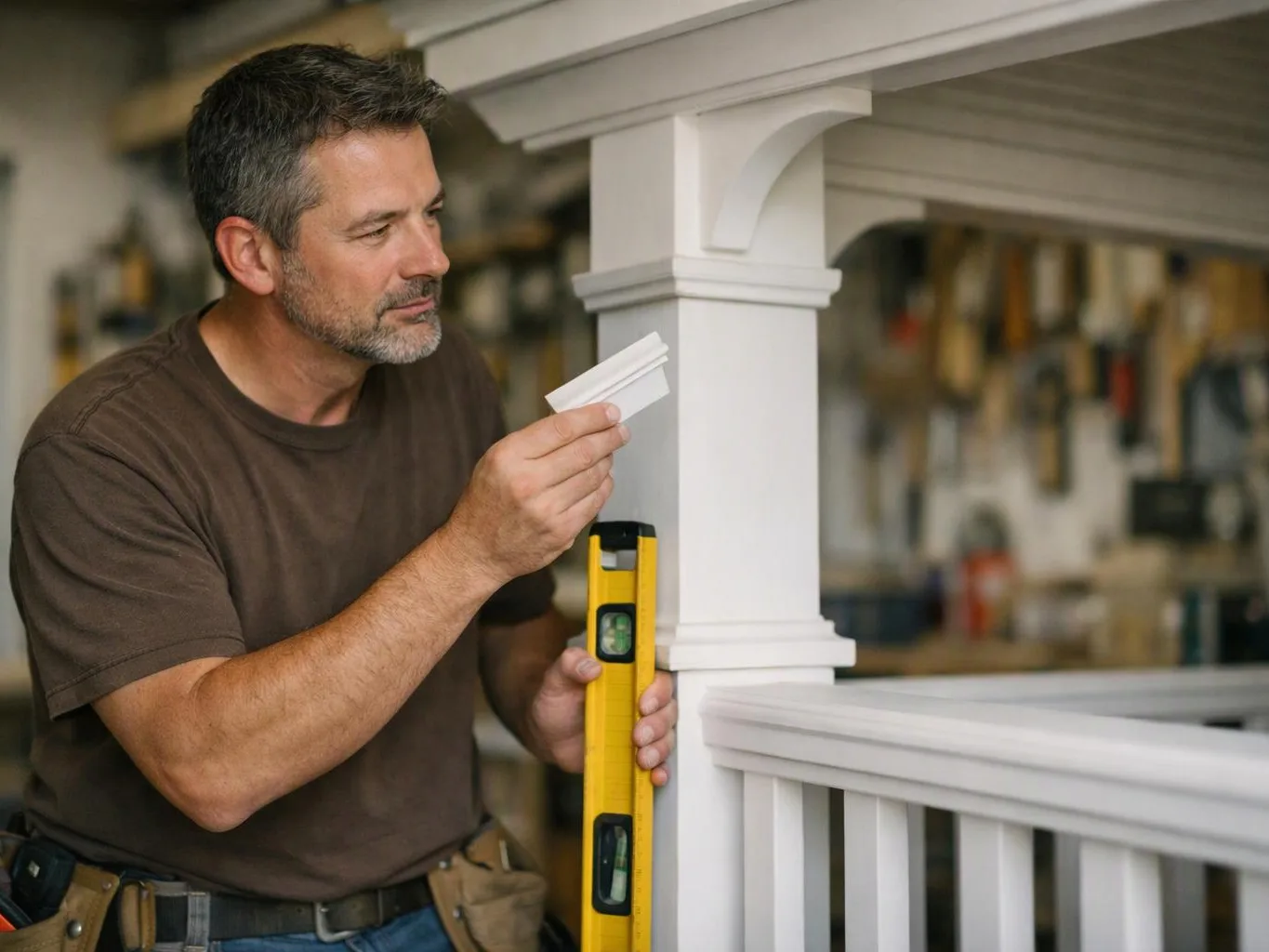 A man inspects a white wooden railing with a yellow level in a workshop
