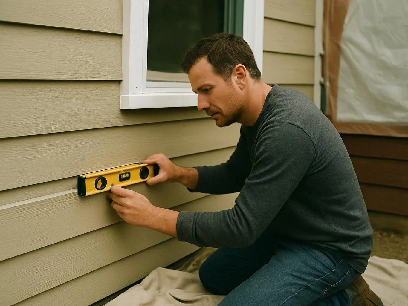 A man kneels beside a house wall, holding a yellow level against the siding near a window