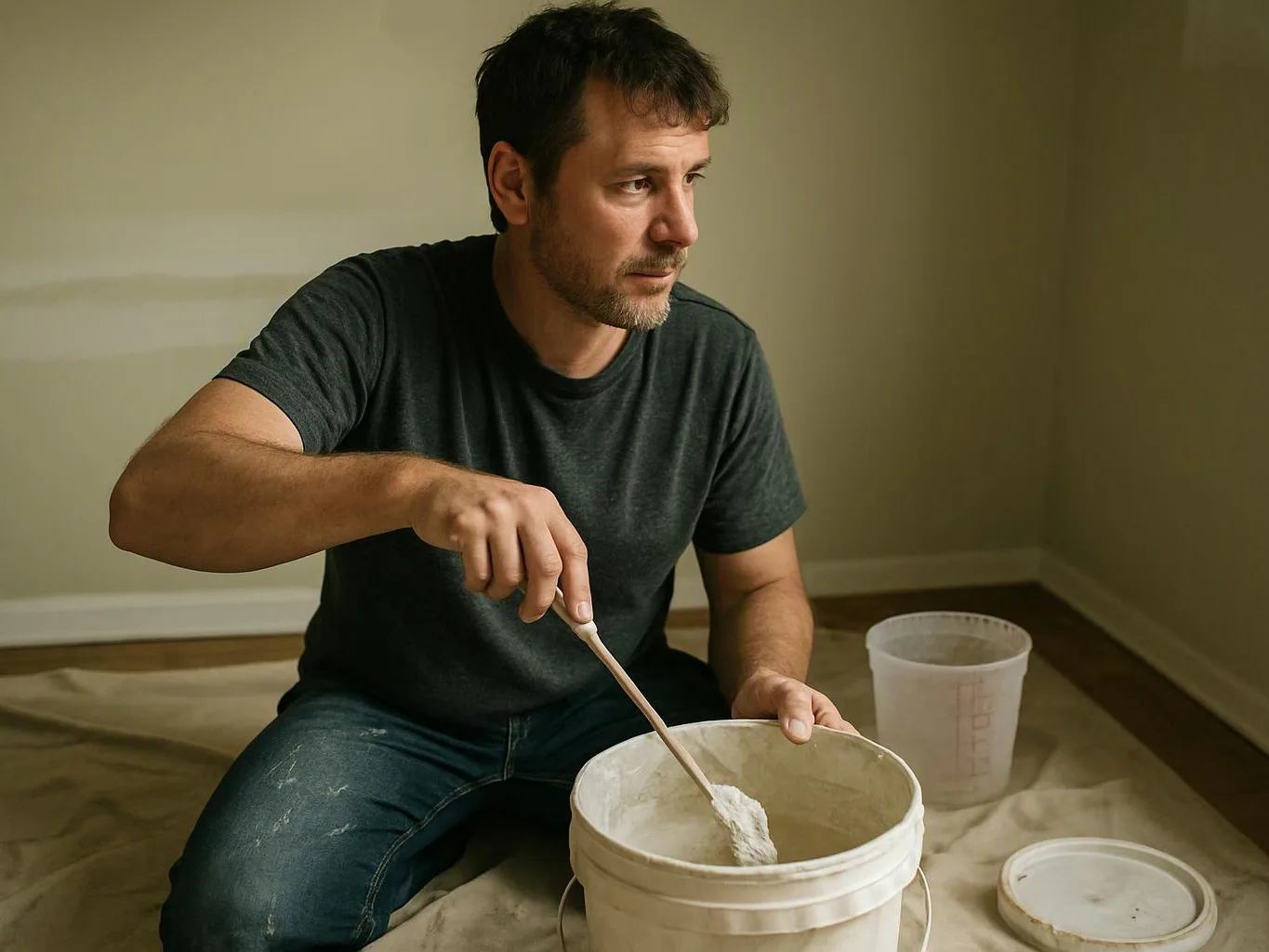 A man kneels on drop cloths, stirring white paint in a bucket inside an empty room
