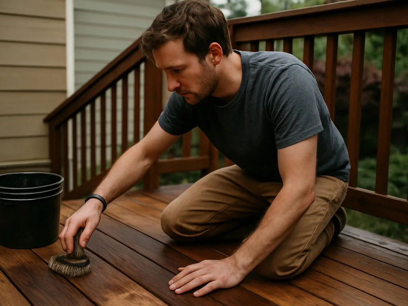A man kneels on a wooden deck, scrubbing the boards with a brush beside a black bucket