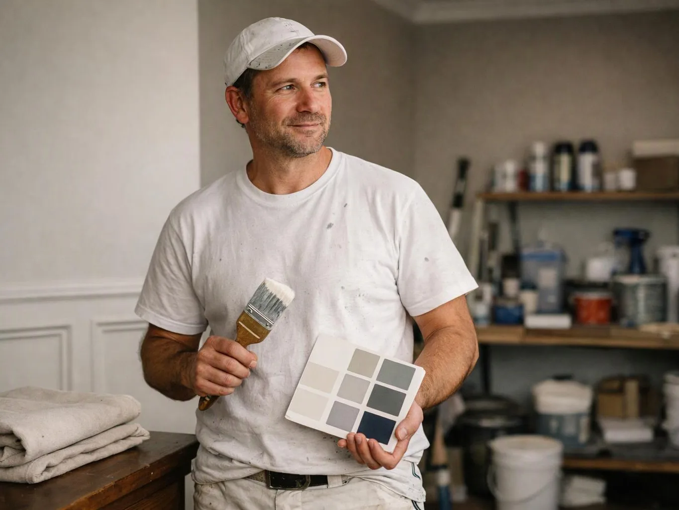 A man in paint clothes holds a brush and color swatches in a room with shelves of supplies